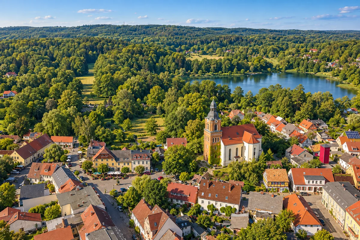 Buckow und Seenlandschaft in der Märkischen Schweiz aus der Luft