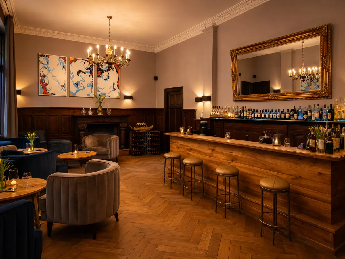 Bar im Schloss Reichenow mit warmem Holz und Sitzplätzen