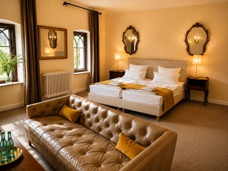 Doppelzimmer Komfort im Schloss Reichenow mit Sofa, warmem Licht und historischen Fenstern