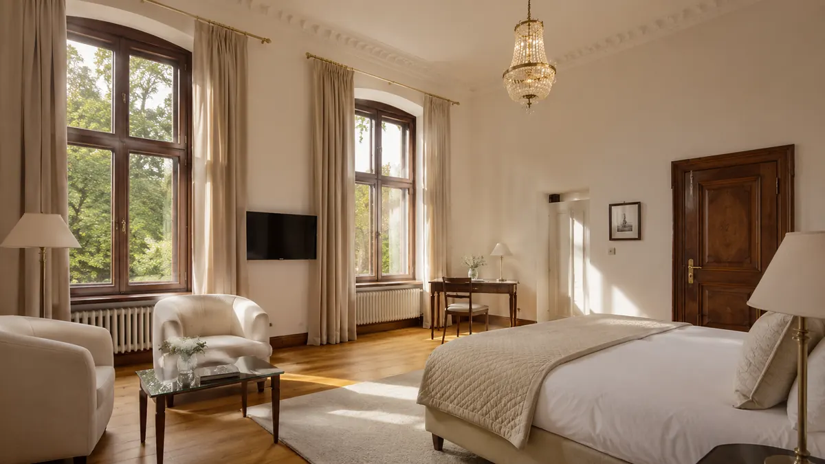 Ruhiges Hotelzimmer im Schloss Reichenow mit hohen Fenstern und hellem Schlosscharakter