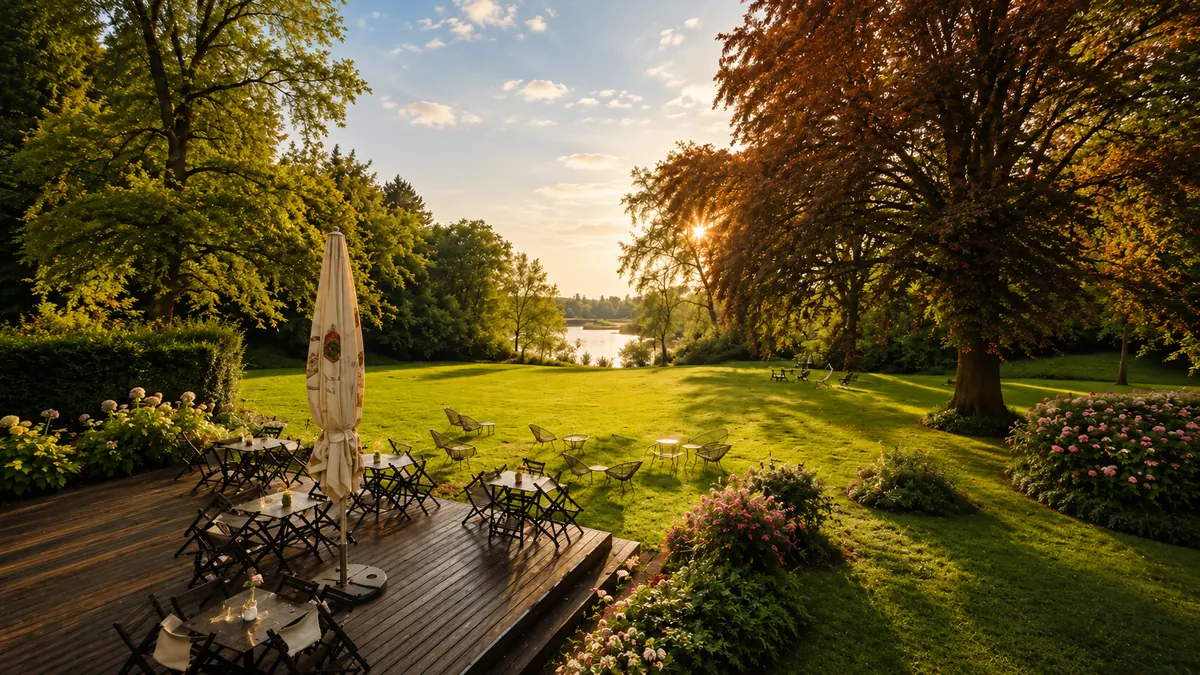 Schlosspark mit Terrasse, alten Bäumen und Blick auf den See bei Abendlicht