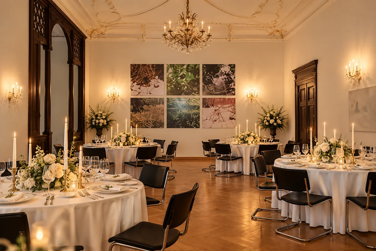 Festlich eingedeckter Veranstaltungsraum im Schloss Reichenow