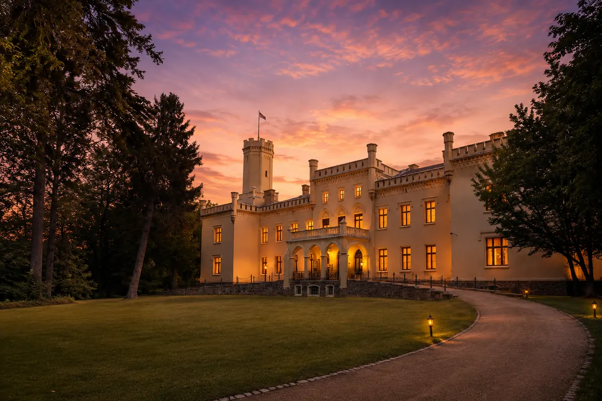 Schloss Reichenow bei Abendlicht als besonderer Ort mit Charakter