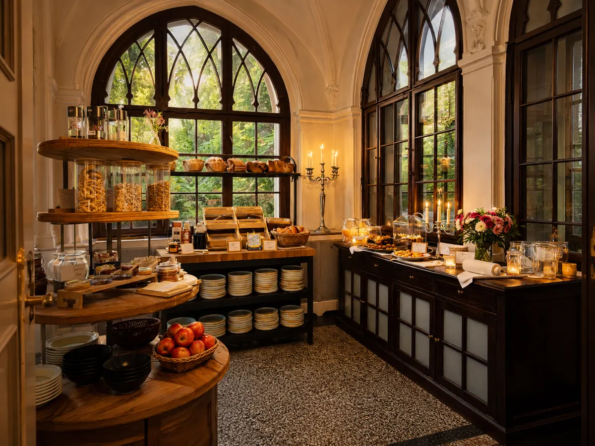 Frühstücksbuffet im Schlosshotel Reichenow mit Blick in den Park