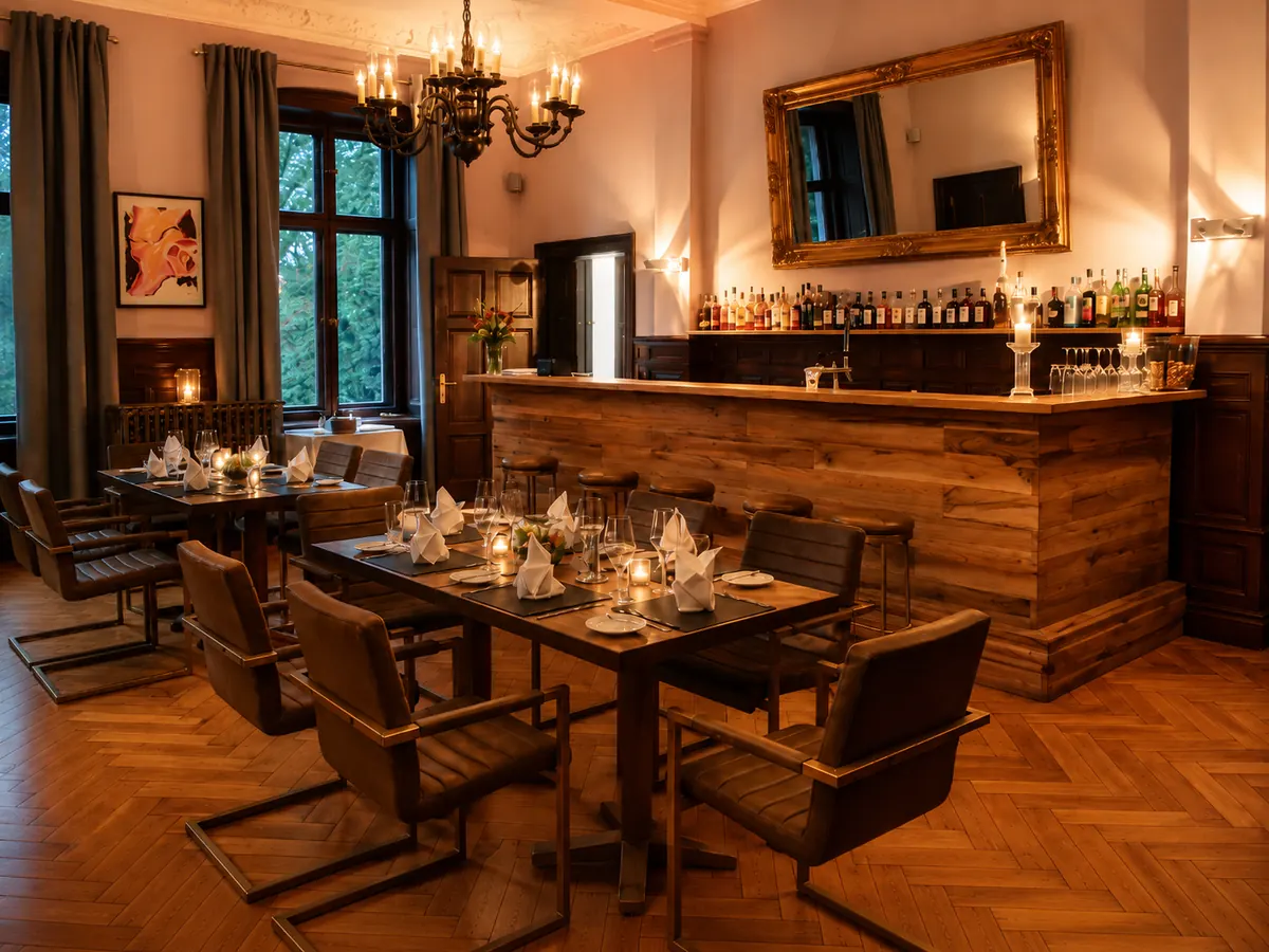 Bar und gedeckte Tische im Schlosshotel Reichenow als Teil des Genusserlebnisses
