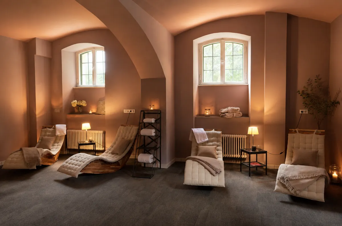 Ruhiger Wellnessbereich im Schlosshotel Reichenow mit Liegen und warmem Licht