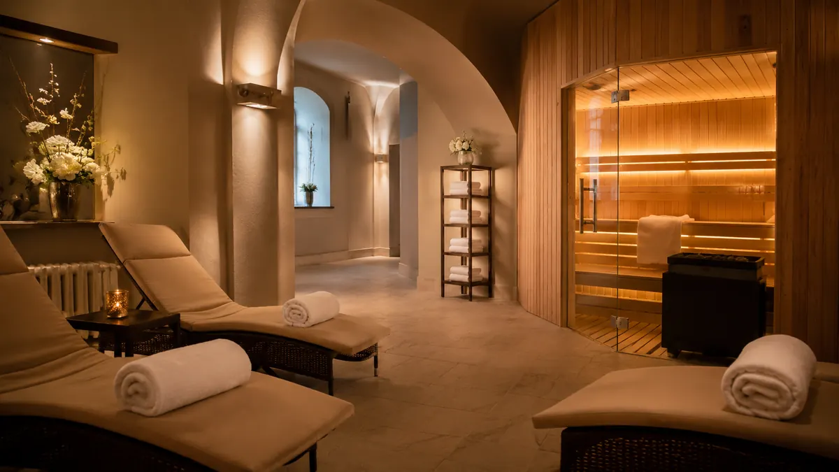 Sauna und Ruhebereich im Schlosshotel Reichenow mit warmem Licht