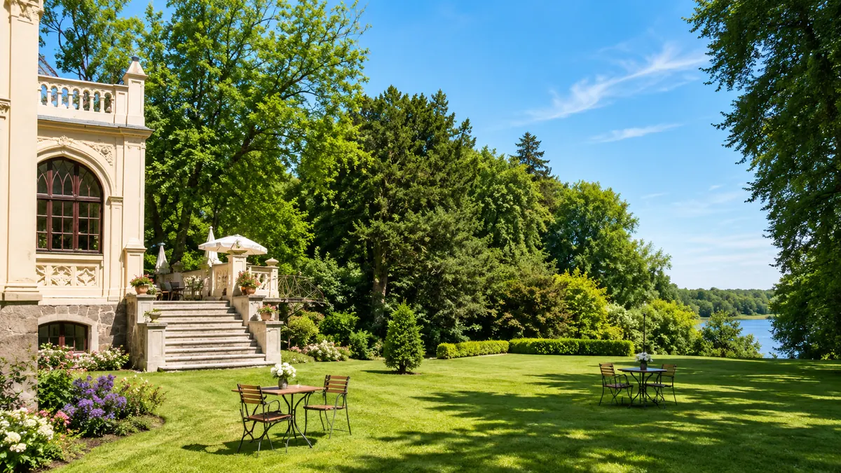 Schlosspark von Schloss Reichenow mit Blick auf die Seeseite des Hauses