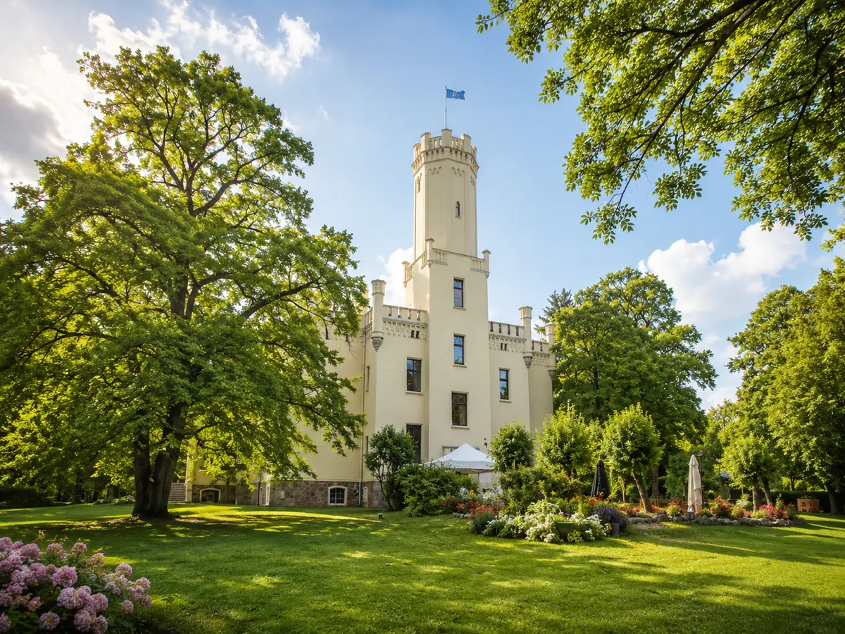 Schloss Reichenow zwischen alten Bäumen im Schlosspark