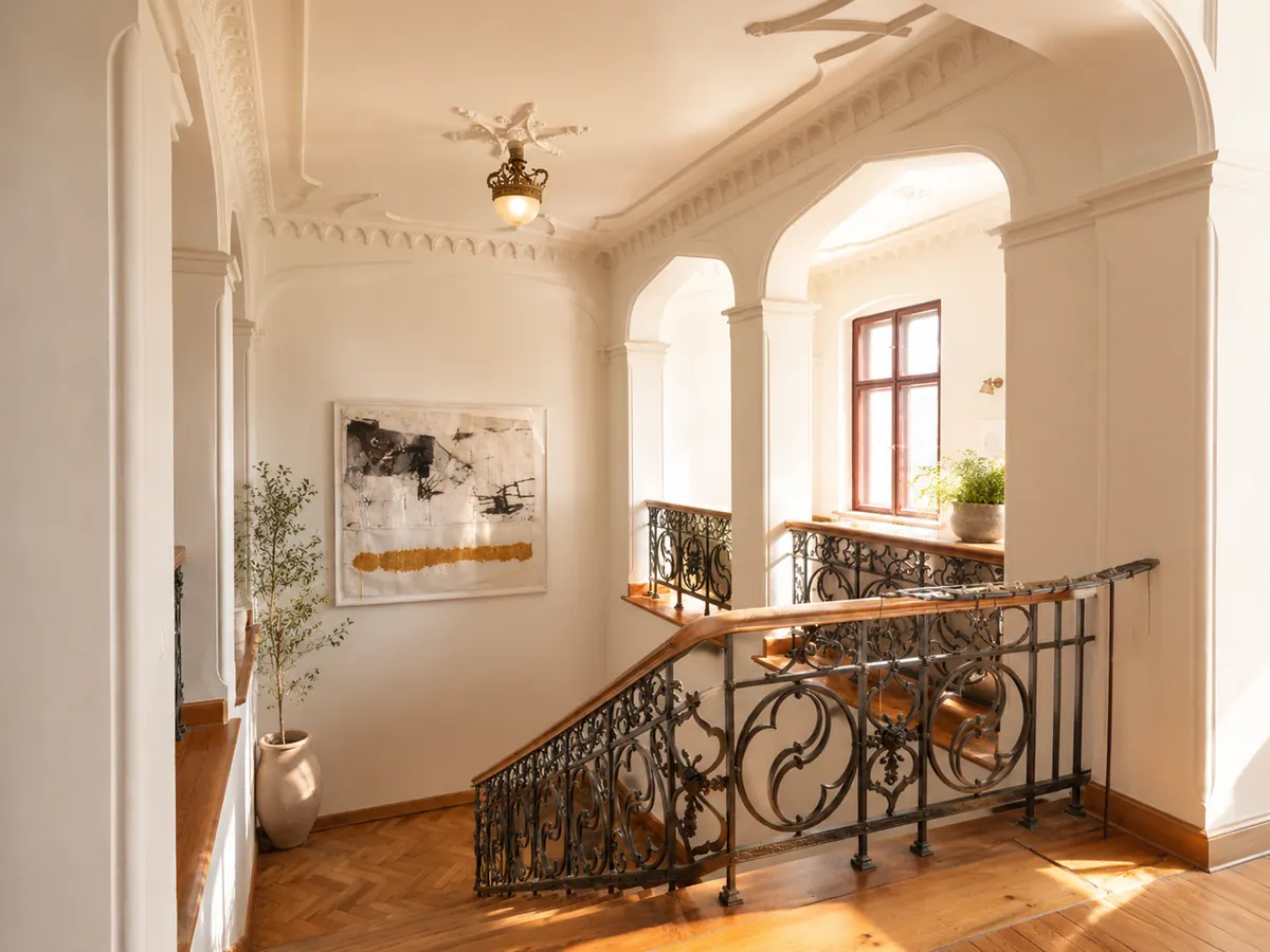 Bibliothek und Treppe im Schloss Reichenow